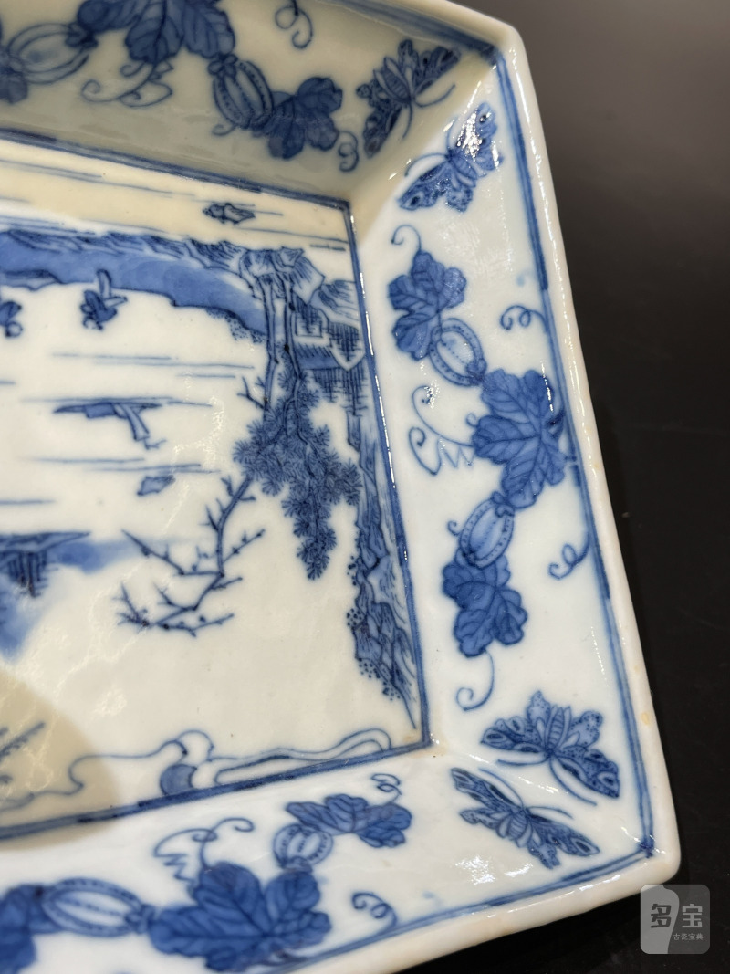 清嘉庆 青花山水人物图方盘 - 图7